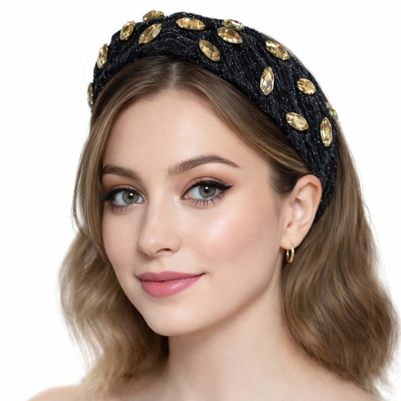 Set of 2 Jeweled Headbands Black Velvet Emerald Green Rhinestone Luxe Glam main image 13